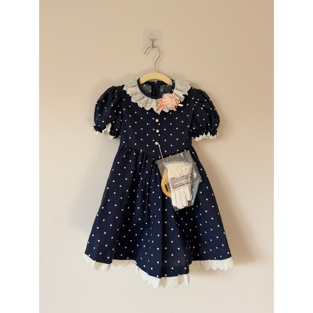 Vintage Good Lad Navy Polka Dot Eyelet Lace Dress With Gloves NWT Girls Size 5